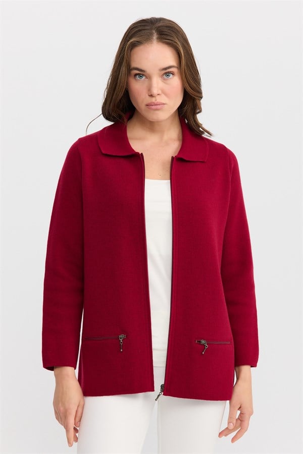 Женский шерстяной кардиган с вырезом поло и карманом на молнии вишневый 