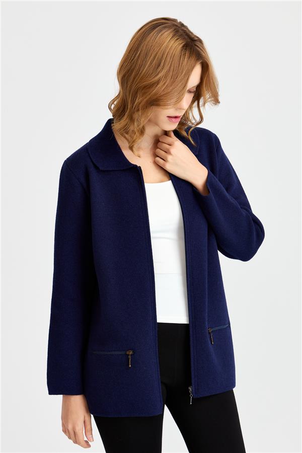 Женский шерстяной кардиган с вырезом поло и карманом на молнии