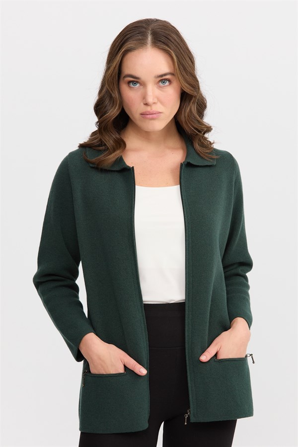 Женский шерстяной кардиган с вырезом поло и карманом на молнии зеленый 