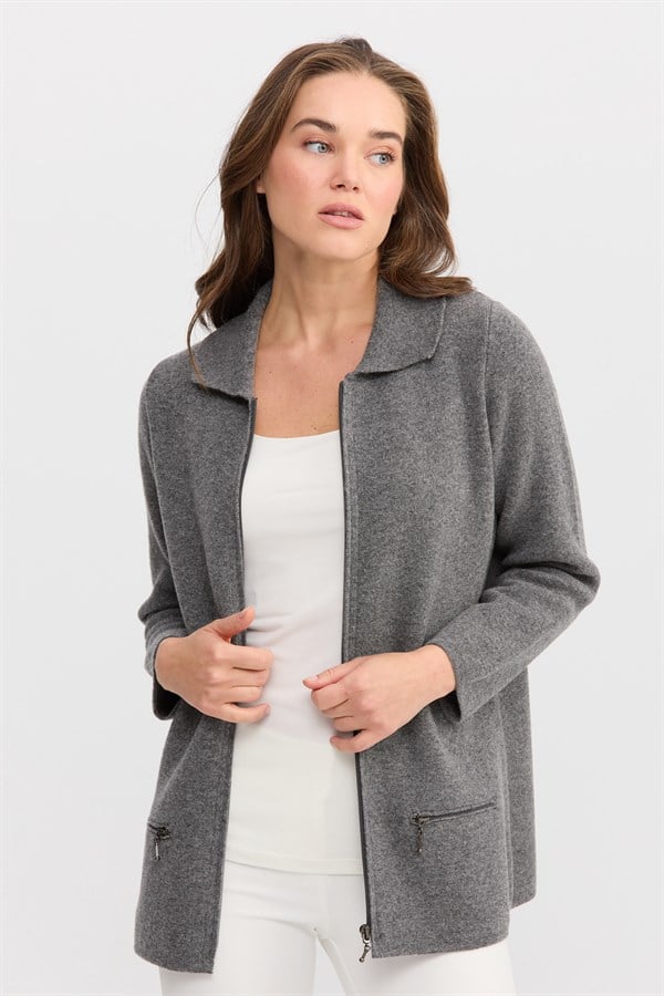 Женский шерстяной кардиган с вырезом поло и карманом на молнии дымчатый