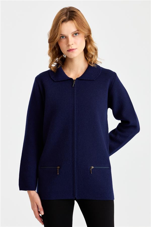 Женский шерстяной кардиган с вырезом поло и карманом на молнии