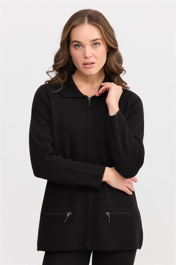 Женский шерстяной кардиган с вырезом поло и карманом на молнии черный