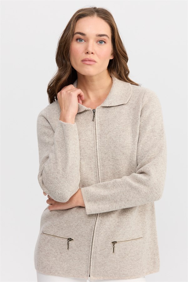 Женский шерстяной кардиган с вырезом поло и карманом на молнии бежевый