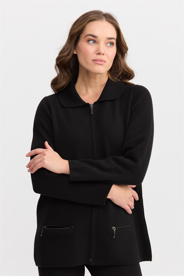 Женский шерстяной кардиган с вырезом поло и карманом на молнии черный