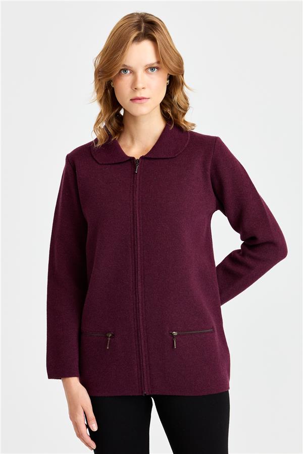 Женский шерстяной кардиган с вырезом поло и карманом на молнии