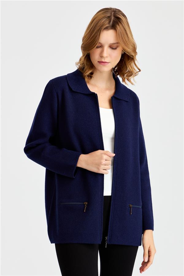 Женский шерстяной кардиган с вырезом поло и карманом на молнии