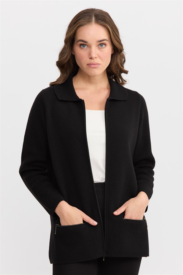 Женский шерстяной кардиган с вырезом поло и карманом на молнии черный