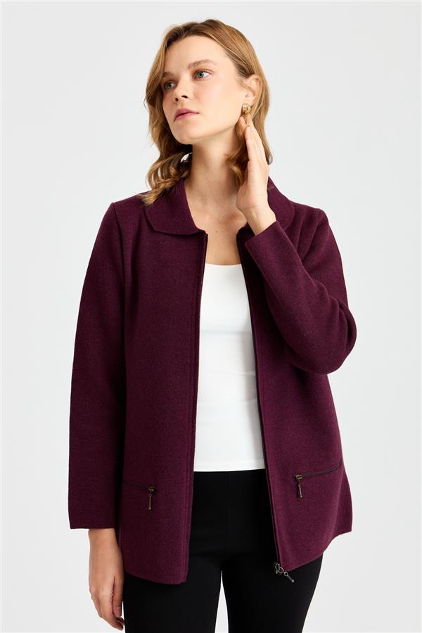 Женский шерстяной кардиган с вырезом поло и карманом на молнии