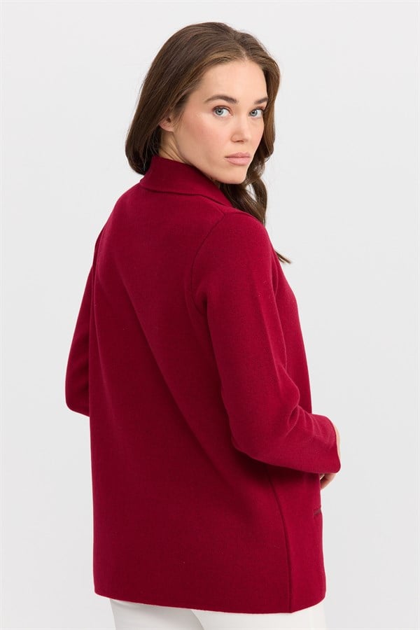 Женский шерстяной кардиган с вырезом поло и карманом на молнии вишневый 