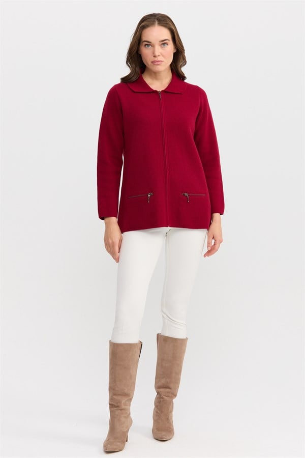 Женский шерстяной кардиган с вырезом поло и карманом на молнии вишневый 