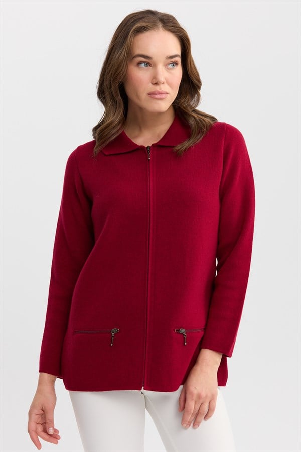 Женский шерстяной кардиган с вырезом поло и карманом на молнии вишневый 