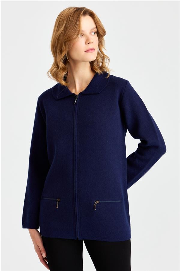 Женский шерстяной кардиган с вырезом поло и карманом на молнии