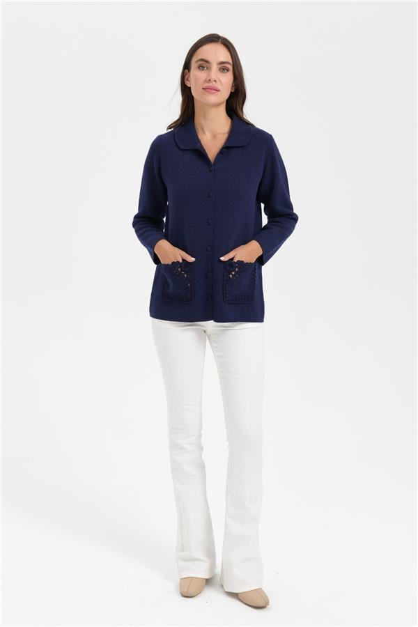Kadın Polo Yaka Cebi Gül İşlemeli Kısa Yün Hırka Y.A Lacivert
