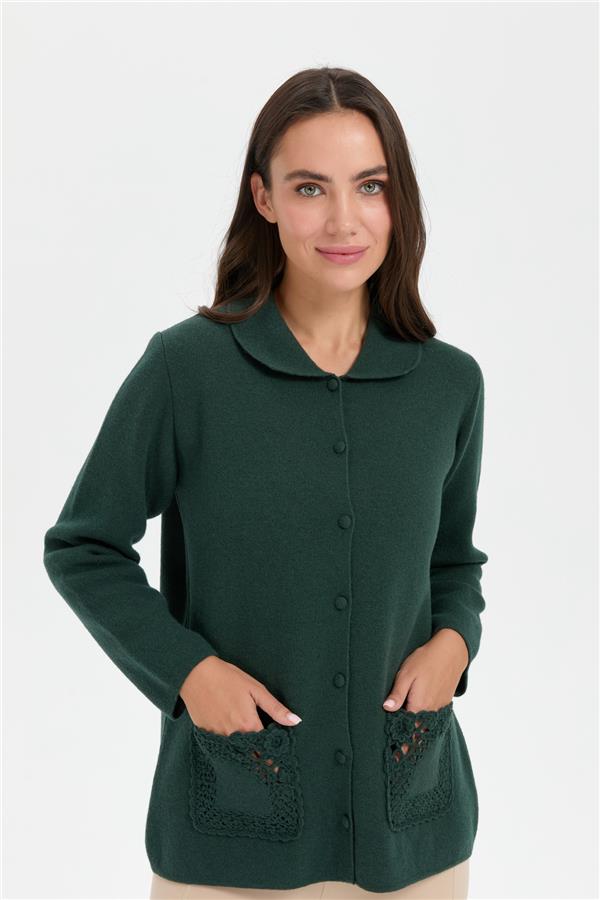 Kadın Polo Yaka Cebi Gül İşlemeli Kısa Yün Hırka Yeşil