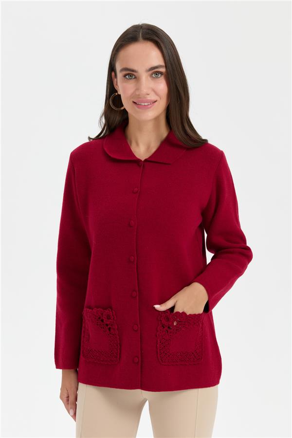 Kadın Polo Yaka Cebi Gül İşlemeli Kısa Yün Hırka V.Çürüğü