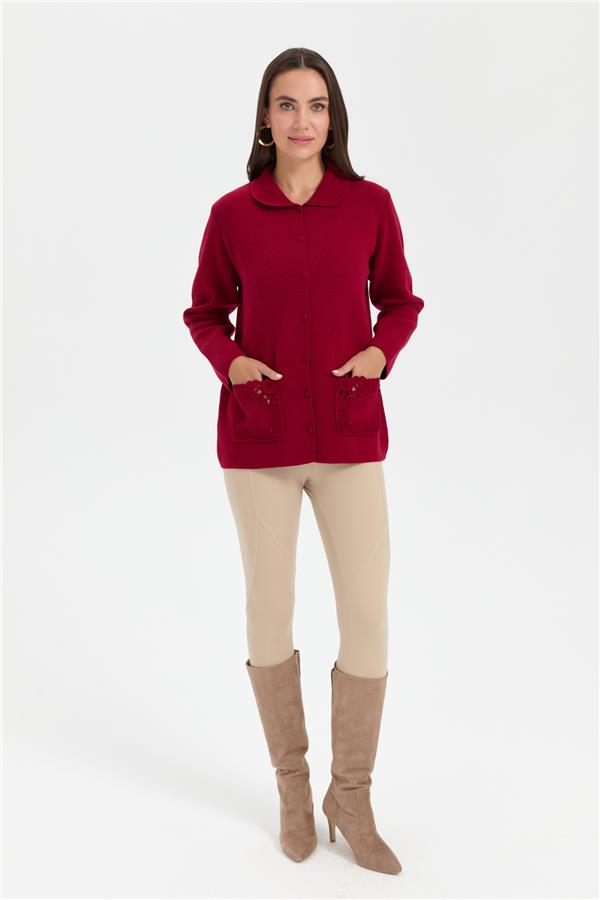 Kadın Polo Yaka Cebi Gül İşlemeli Kısa Yün Hırka V.Çürüğü