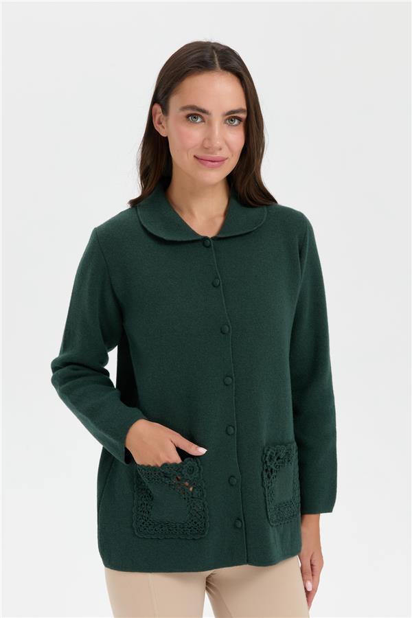 Kadın Polo Yaka Cebi Gül İşlemeli Kısa Yün Hırka Yeşil
