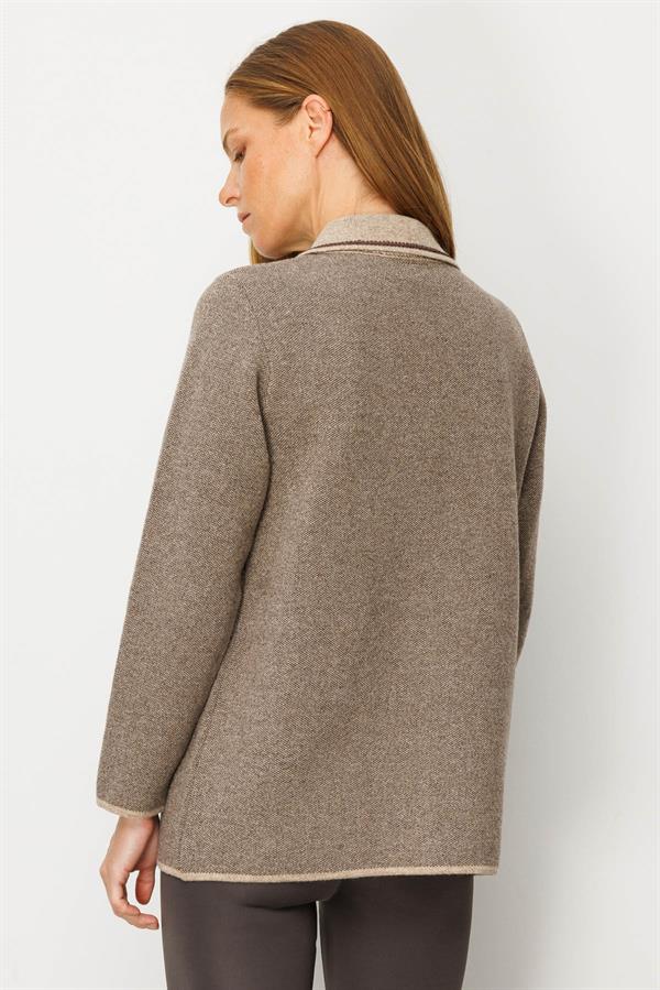 Kadın Polo Yaka Cebi Nakış İşlemeli Yün Hırka K.Bej