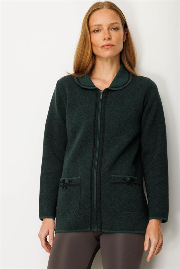 Kadın Polo Yaka Cebi Nakış İşlemeli Yün Hırka Yeşil