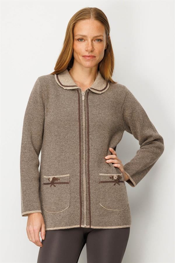 Kadın Polo Yaka Cebi Nakış İşlemeli Yün Hırka K.Bej