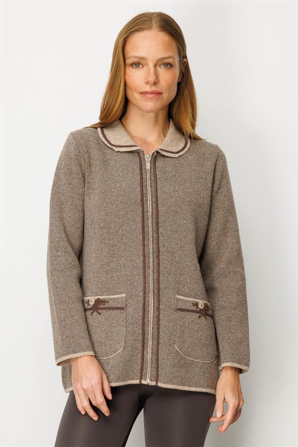 Kadın Polo Yaka Cebi Nakış İşlemeli Yün Hırka K.Bej