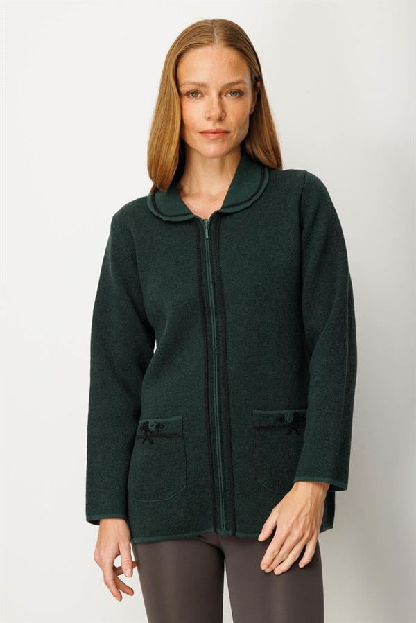 Kadın Polo Yaka Cebi Nakış İşlemeli Yün Hırka Yeşil