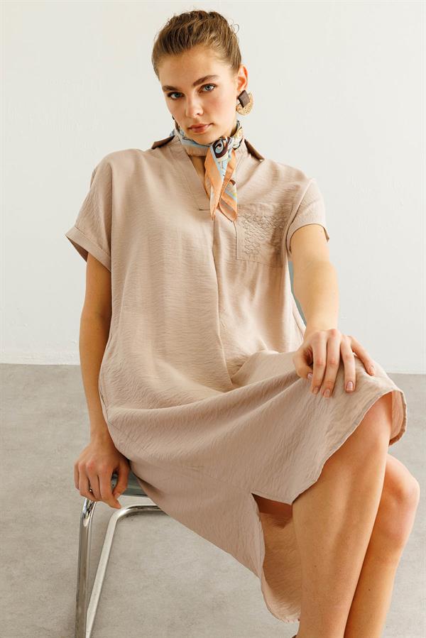 Kadın Polo Yaka Cebi Zincir Detaylı Elbise Taş