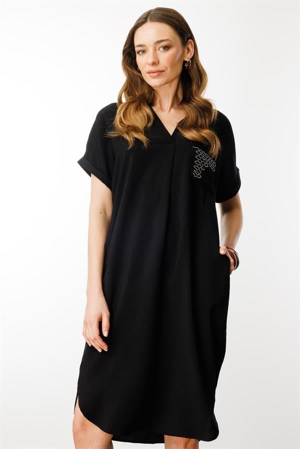 Kadın Polo Yaka Cebi Zincir Detaylı Elbise Siyah