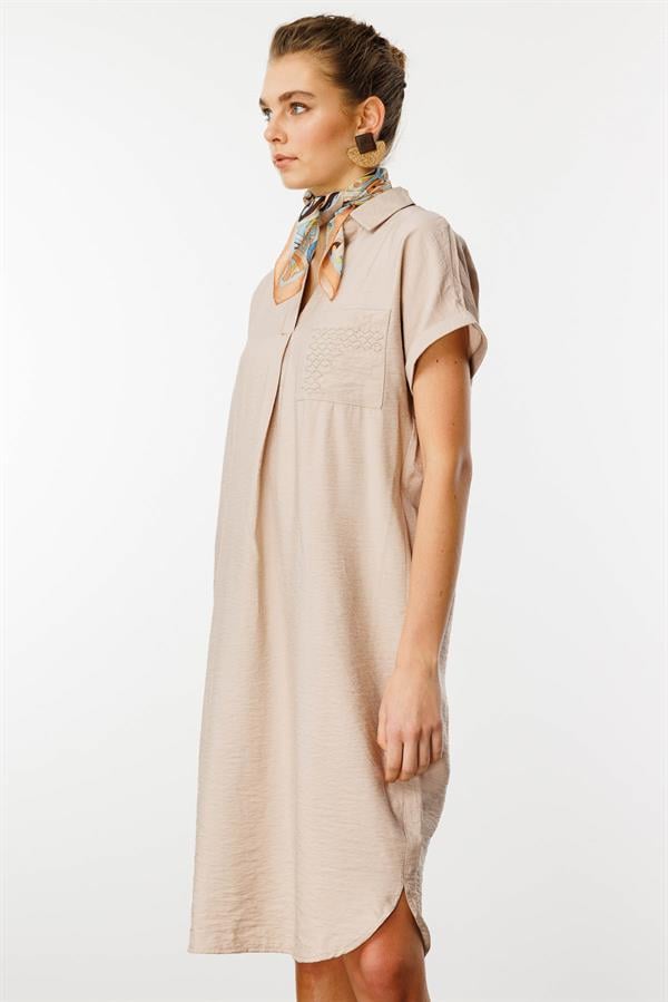 Kadın Polo Yaka Cebi Zincir Detaylı Elbise Taş