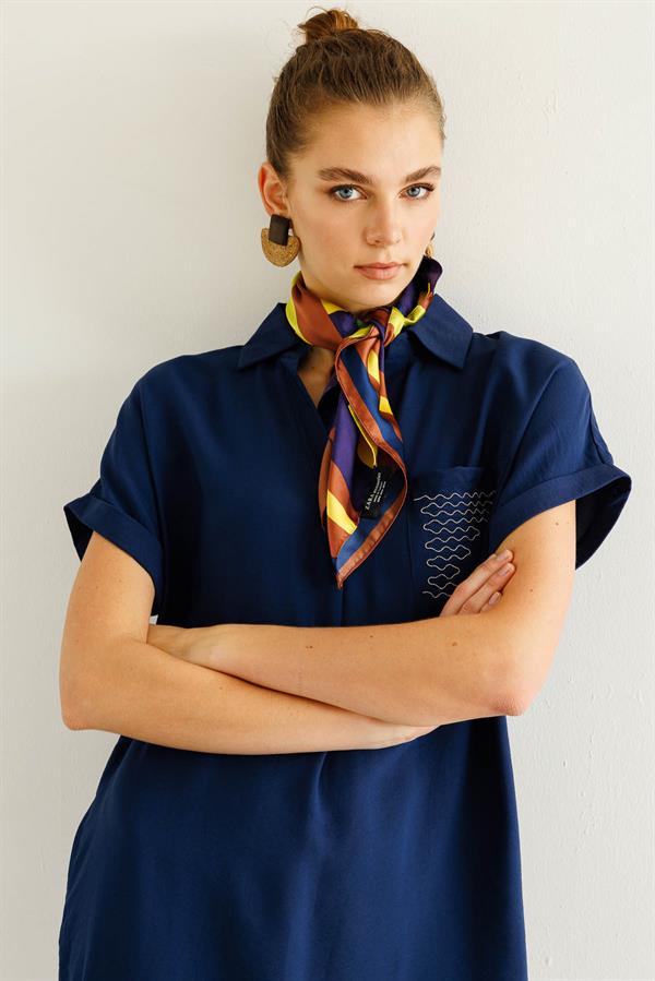 Kadın Polo Yaka Cebi Zincir Detaylı Elbise Lacivert