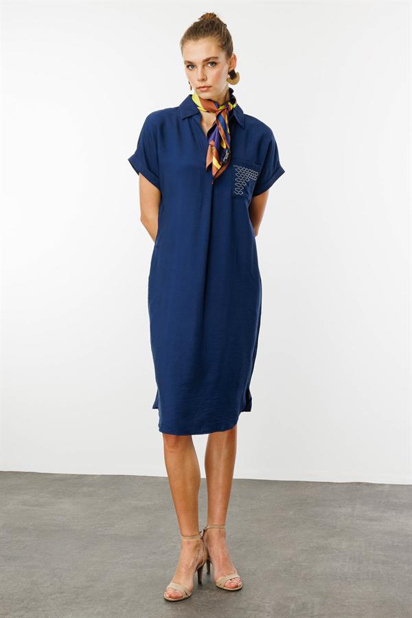 Kadın Polo Yaka Cebi Zincir Detaylı Elbise Lacivert