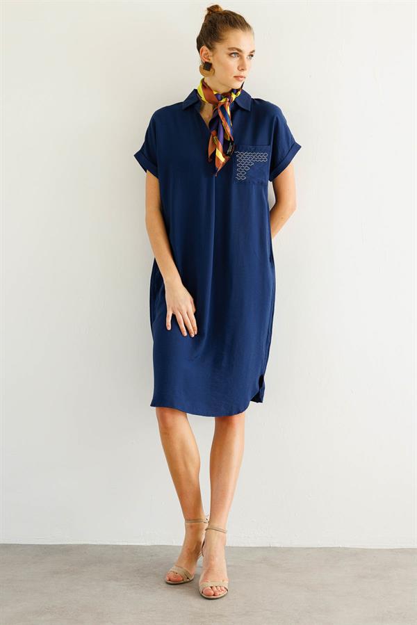 Kadın Polo Yaka Cebi Zincir Detaylı Elbise Lacivert