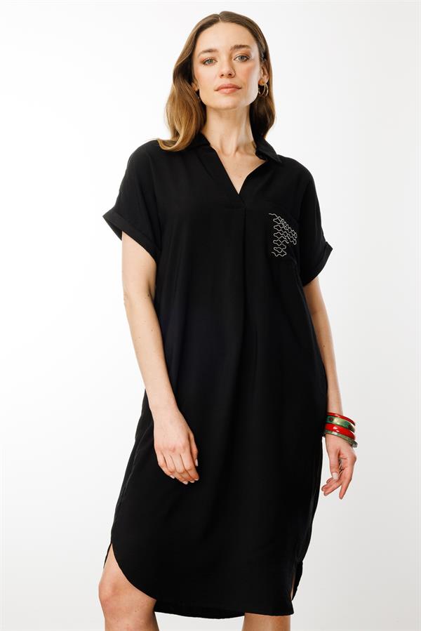 Kadın Polo Yaka Cebi Zincir Detaylı Elbise Siyah