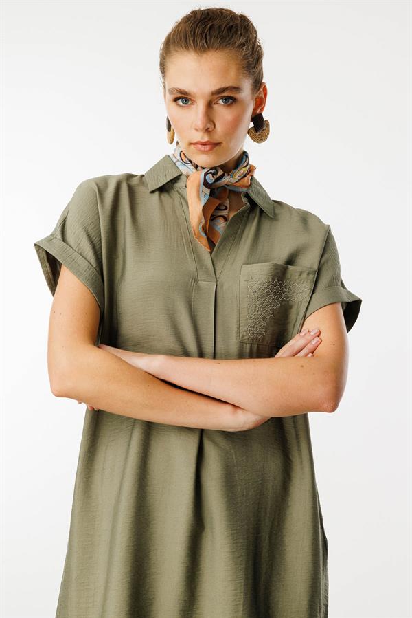 Kadın Polo Yaka Cebi Zincir Detaylı Elbise Haki