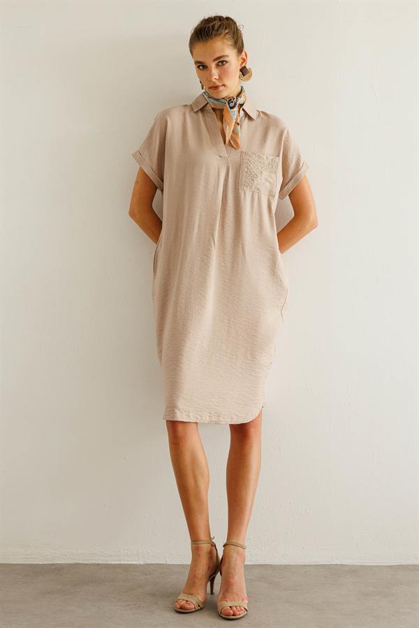 Kadın Polo Yaka Cebi Zincir Detaylı Elbise Taş