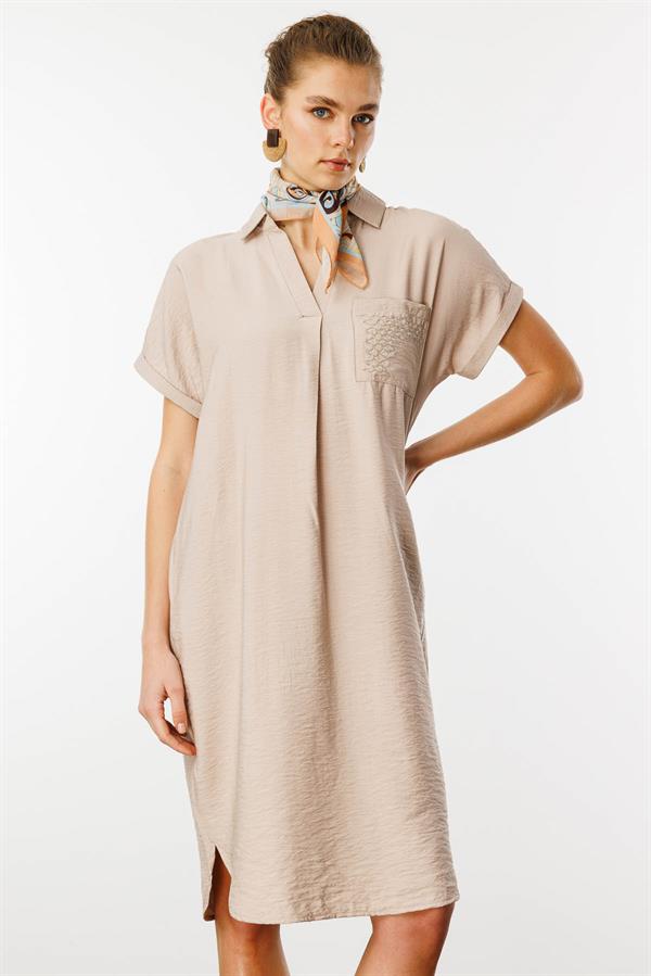 Kadın Polo Yaka Cebi Zincir Detaylı Elbise Taş