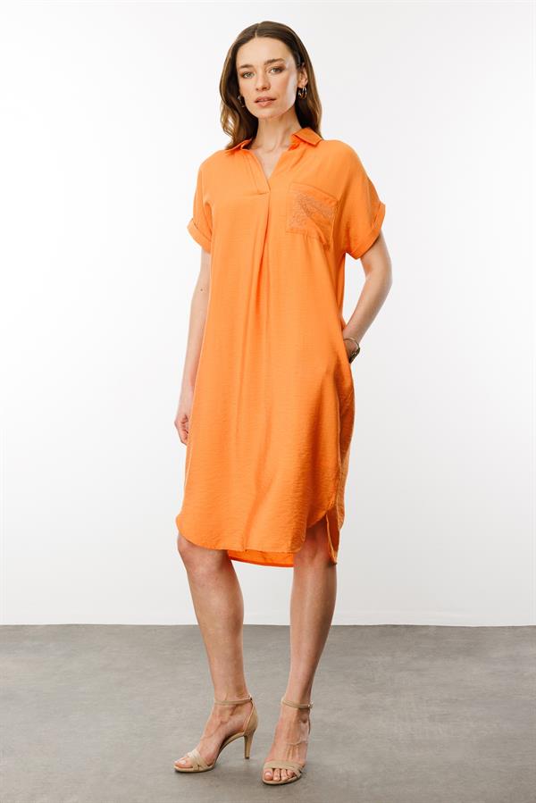 Kadın Polo Yaka Cebi Zincir Detaylı Elbise Oranj