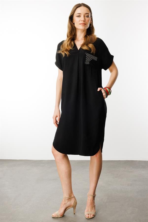 Kadın Polo Yaka Cebi Zincir Detaylı Elbise Siyah