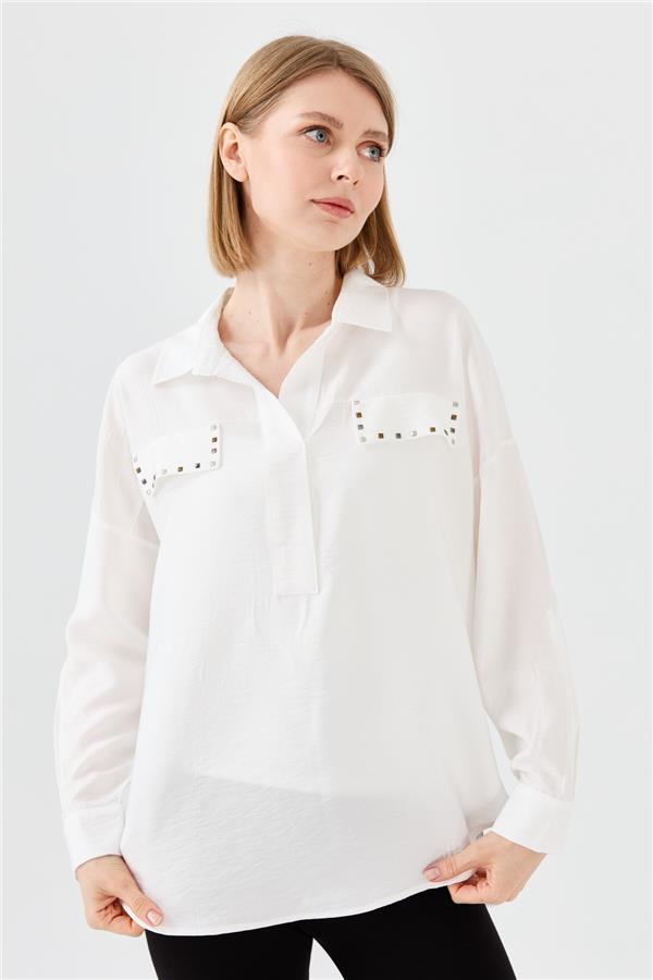 Женская блуза поло с карманом молочная