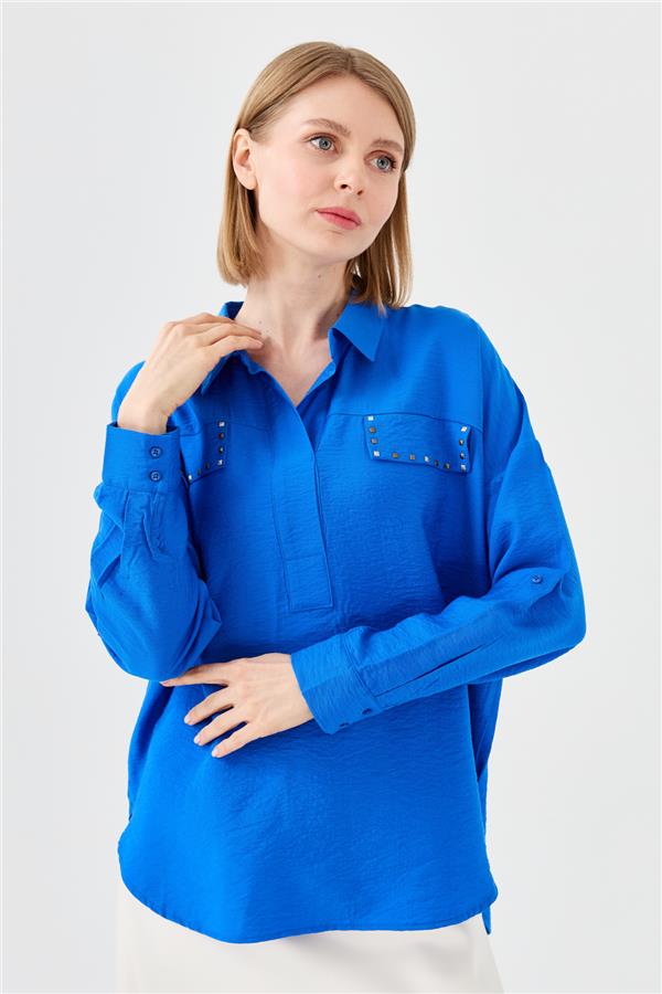 Женская блуза поло с карманом ярко синяя