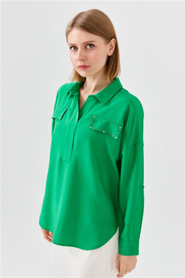 Женская блуза поло с карманом зеленая