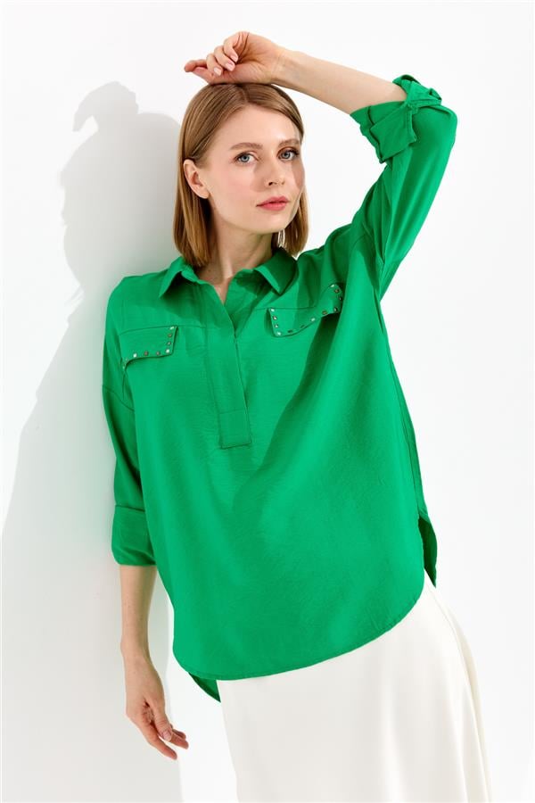 Женская блуза поло с карманом зеленая