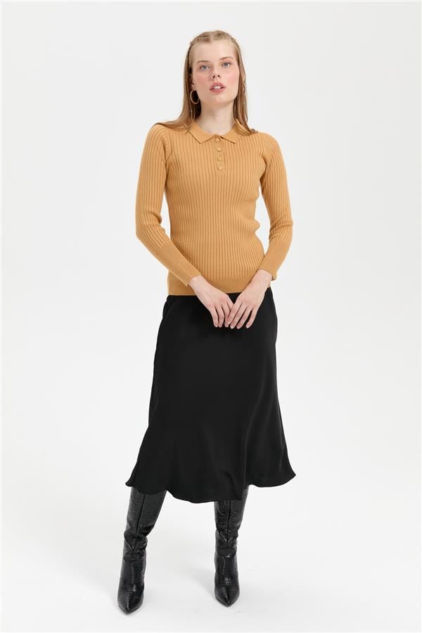 Kadın Polo Yaka Dikişsiz Kazak Camel