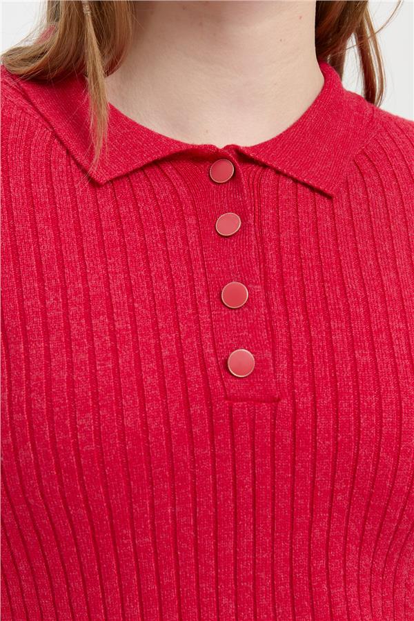 Kadın Polo Yaka Dikişsiz Kazak Kırmızı