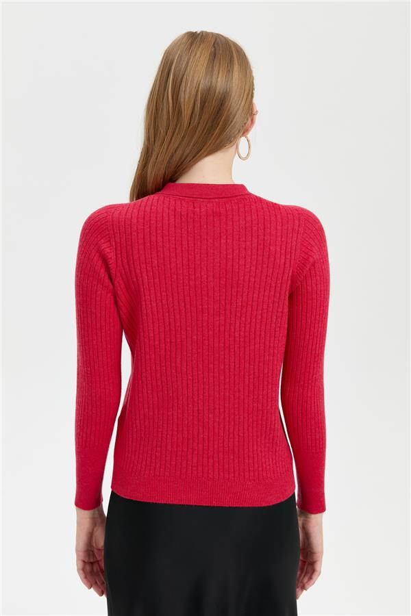 Kadın Polo Yaka Dikişsiz Kazak Kırmızı