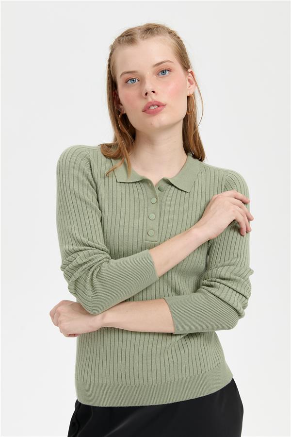 Kadın Polo Yaka Dikişsiz Kazak Mint