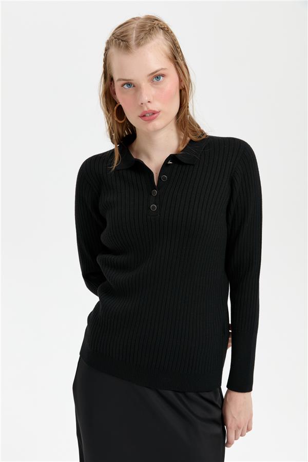 Kadın Polo Yaka Dikişsiz Kazak Siyah