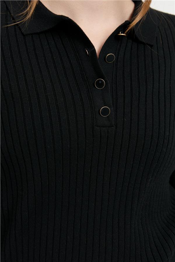 Kadın Polo Yaka Dikişsiz Kazak Siyah