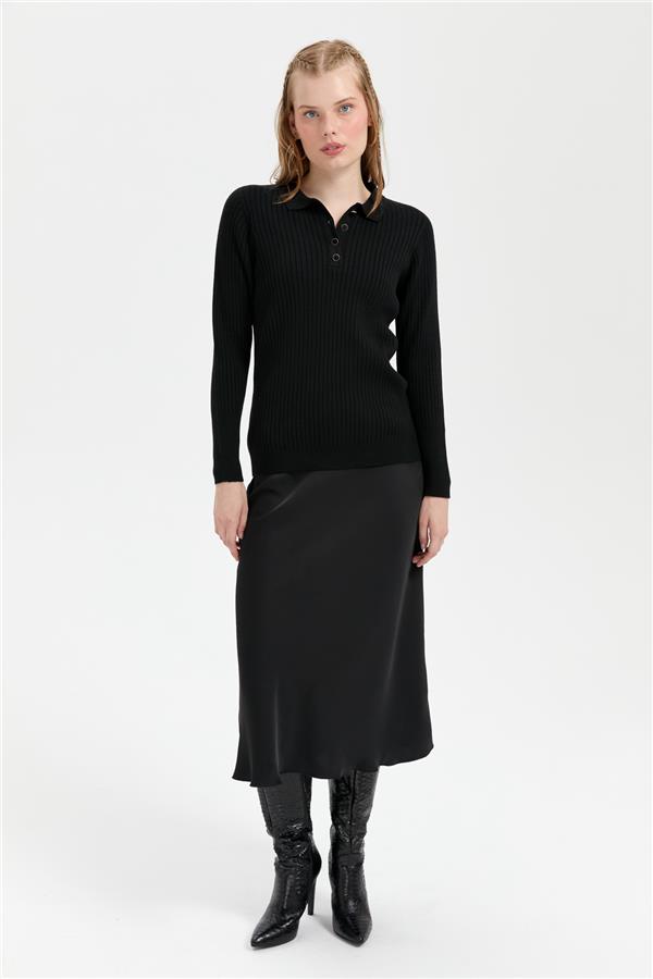 Kadın Polo Yaka Dikişsiz Kazak Siyah