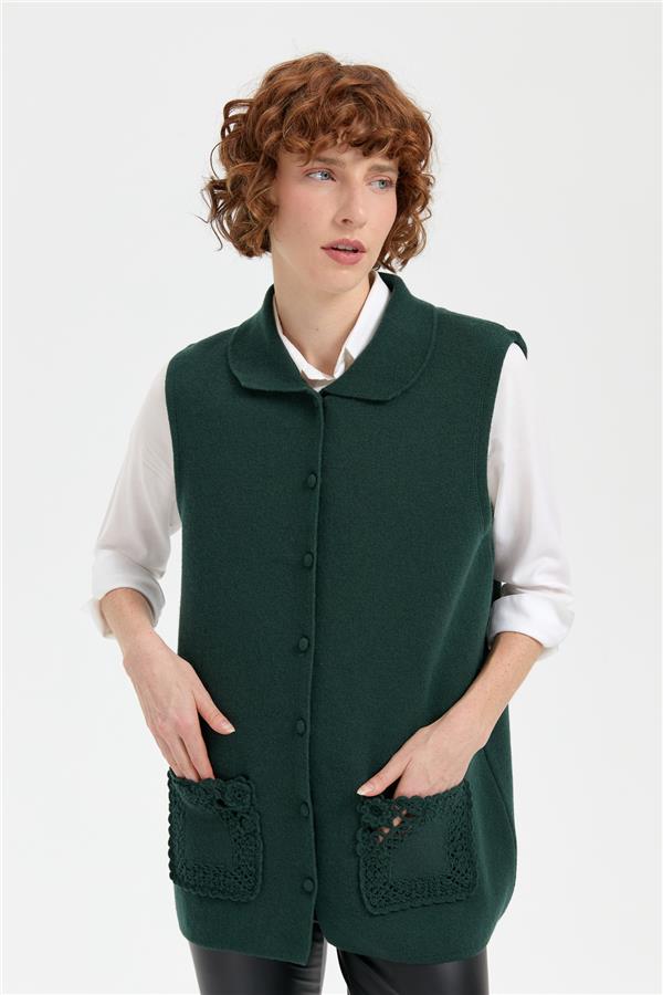 Kadın Polo Yaka Düğmeli Kısa Yün Yelek Yeşil